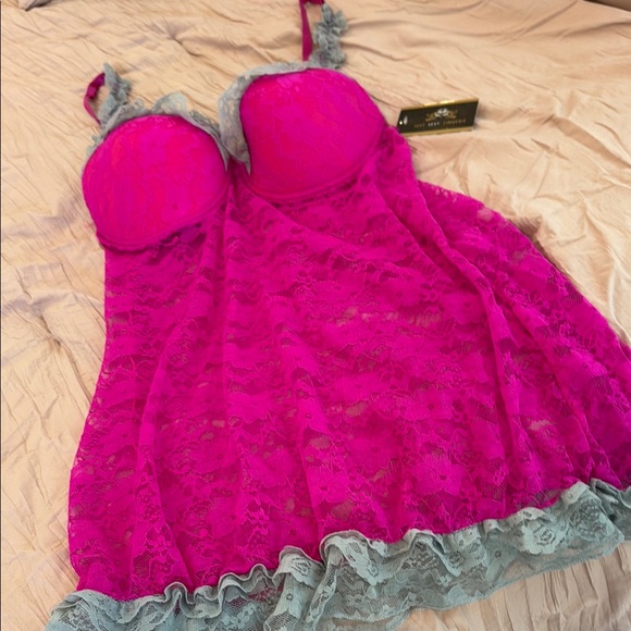 NWT Vibrant Fuchsia Lace Chemise with Gray Accents - Picture 1 of 10
